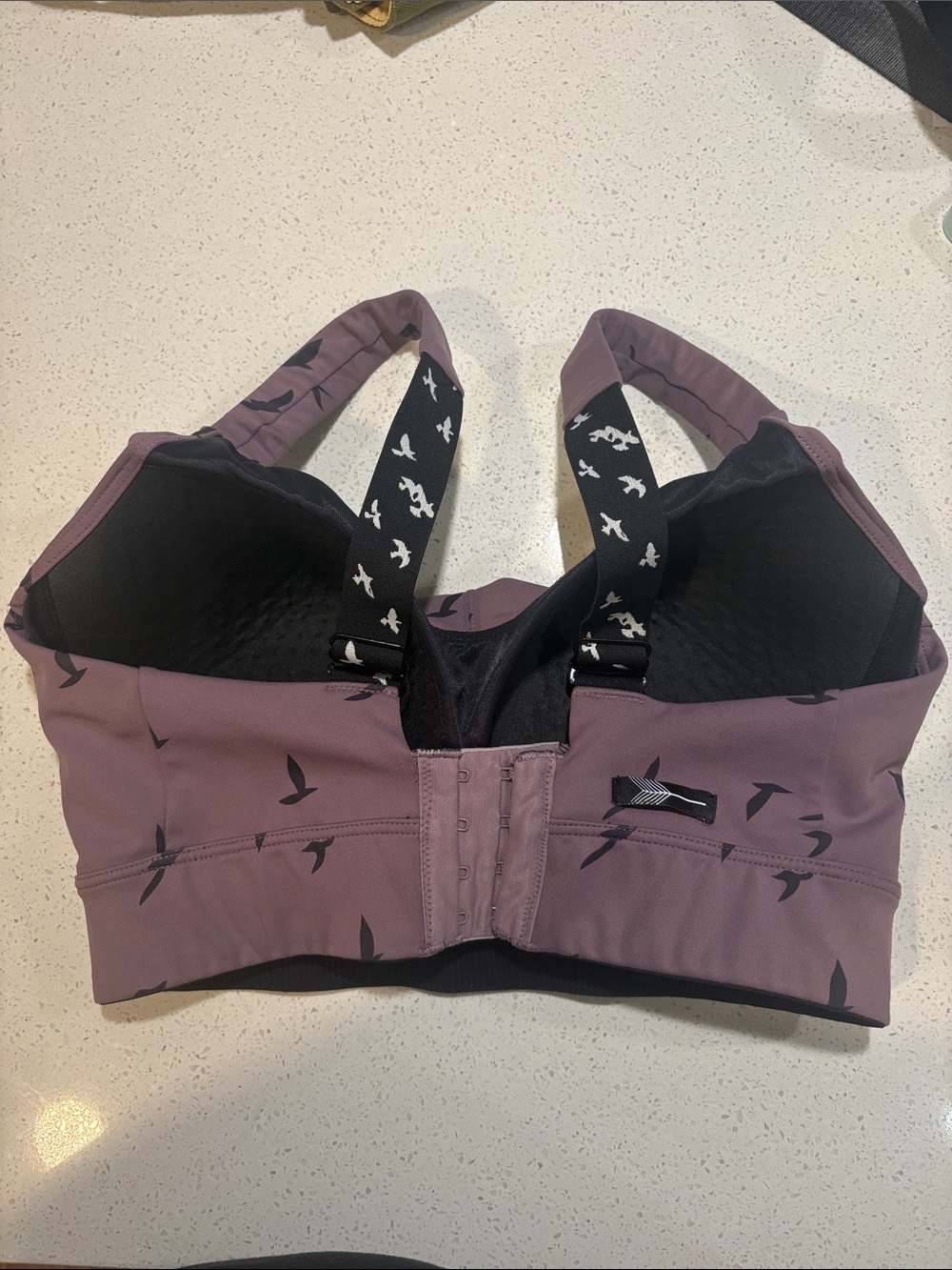 Oiselle Mauve Sports Bra with Black Bird Print and Straps